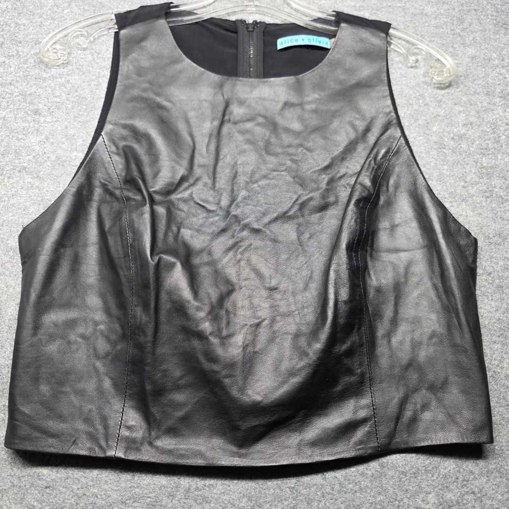 Alice + Olivia Women's Black 100% Lamb Leather Sleeveless Zip Front Vest Size 10